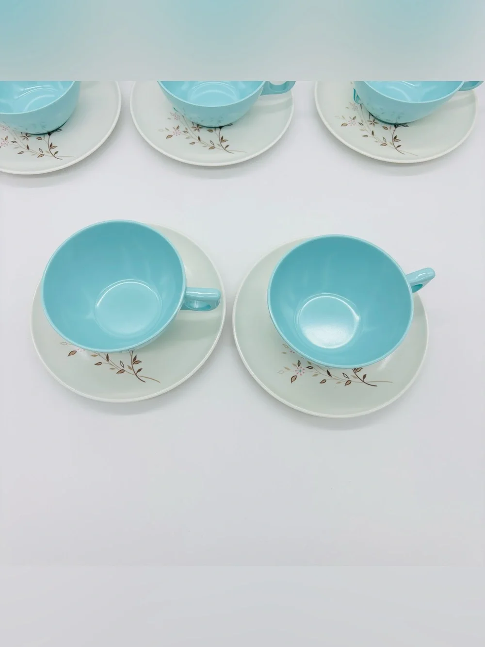 Vintage Lenox Ware Aqua Melamine Tea Cup Saucer Set 8 Floral Mid Century MCM USA